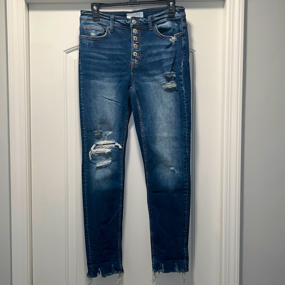 Vervet, button fly distressed jeans with frayed hem. Size 29, worn once